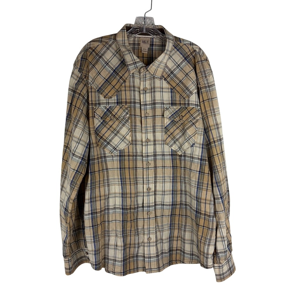 BKE Button Down Shirt Mens XXL Contour Western Plaid Yoke Tan Blue Long Sleeve